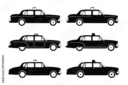 Taxi Silhouette Collection: A sleek collection of taxi silhouettes, conveying urban mobility and classic design, ready for transportation. 