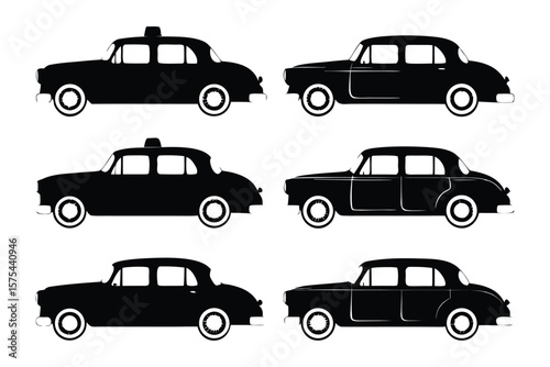 Classic Car Silhouettes: A collection of sleek, black silhouettes of classic cars in various poses. This design showcases timeless vehicles. 
