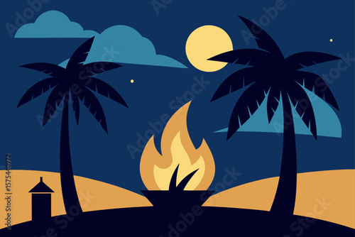 Tropical Night Scene Palm Trees, Bonfire, and Starry Sky Illustration