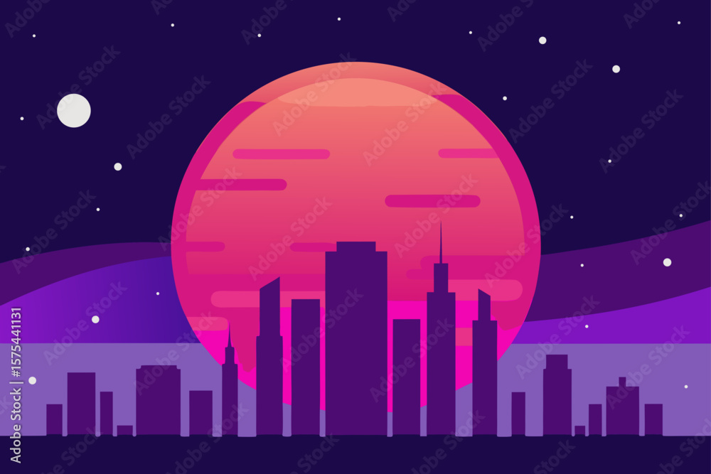 Fototapeta premium Futuristic Cityscape under a Giant Crimson Planet A Stunning Night Scene Illustration