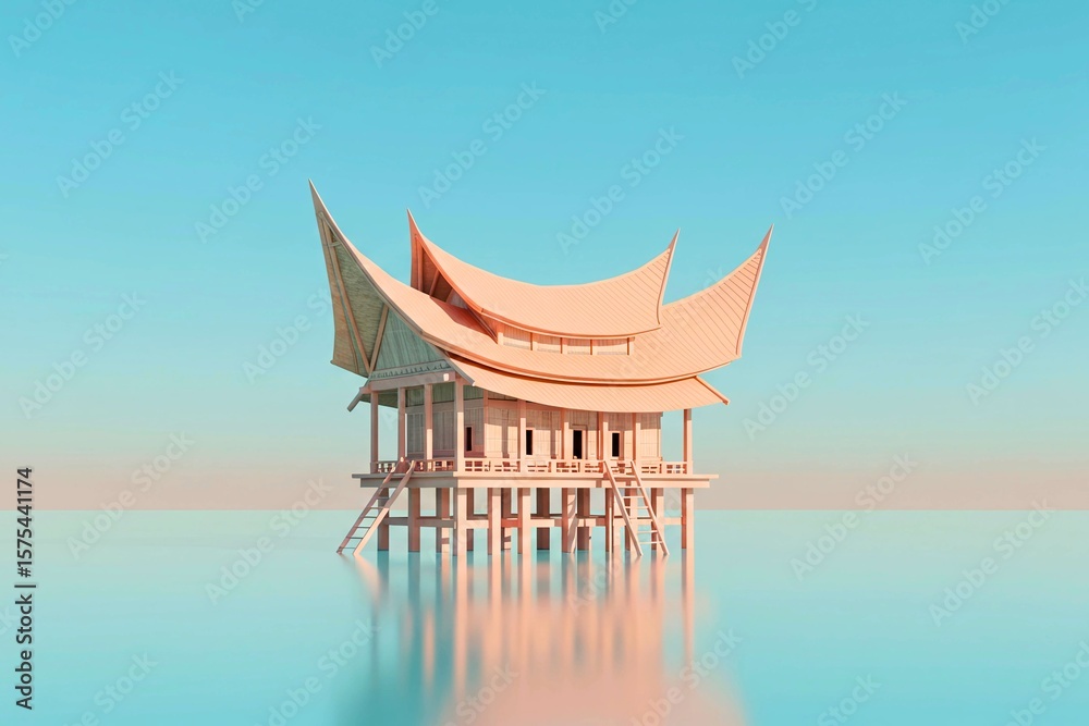 Fototapeta premium Serene Water House Illustration Pastel Colors and Calm Reflections, Tranquil Lakeside Dwelling