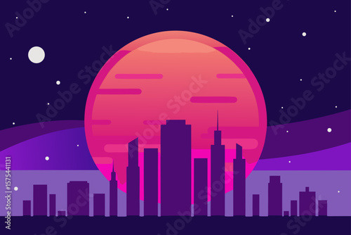 Futuristic Cityscape under a Giant Crimson Planet A Stunning Night Scene Illustration