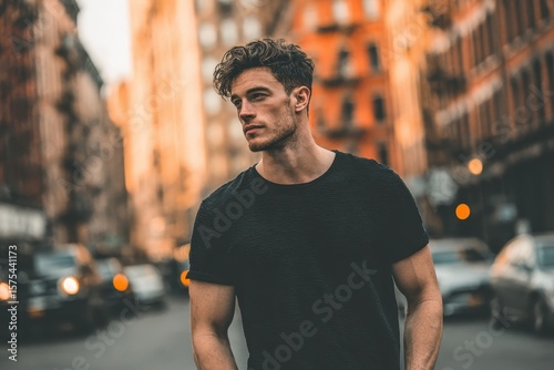 Handsome man in a black t-shirt standing on a city street looks away. Great for portraying modern masculinity, urban life, and fashion trends.