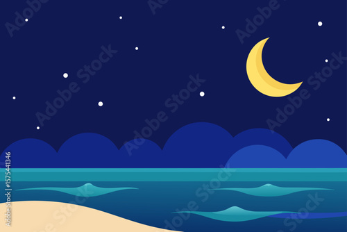 Serene Night Seascape Moonlit Ocean and Starry Sky Illustration