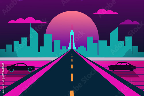 Night city skyline illustration: urban landscape with a highway leading to the city