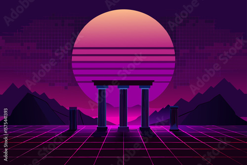 Retro Futuristic Synthwave Landscape Pillars of the 80s Sunset