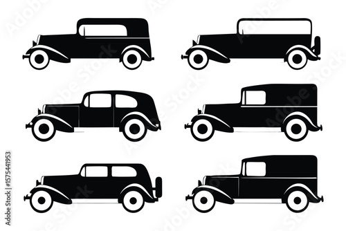 Vintage Cars Collection: A series of beautifully rendered, monochrome silhouettes of classic vintage cars, evoking the elegance and nostalgia of a bygone era of automotive design.