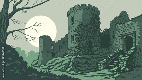 Illustration of a crumbling stone castle with a round tower under a full moon at dusk or dawn