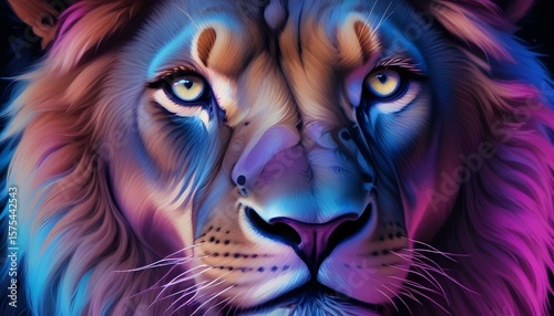 This neon lion portrait captures the animal's fierce gaze with striking colors.