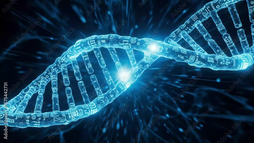 Digital DNA Helix Animation: A Modern Representation of Genetics and Technology, Blue Sci-Fi Futuristic Design for Science, Healthcare, and Technology Backgrounds (92 karakter)