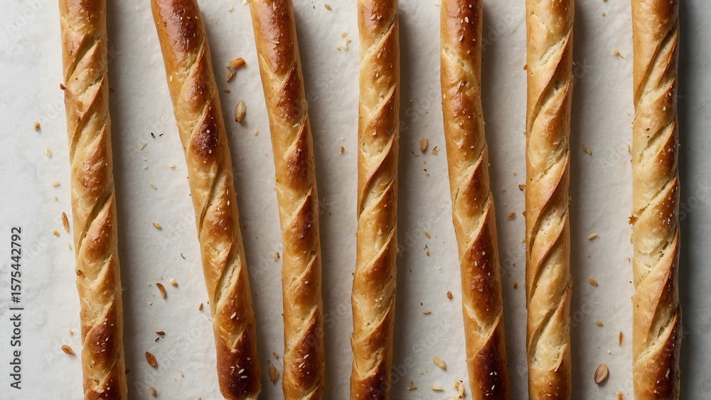 Fototapeta premium Crusty garlic-flavored bread sticks on a plain white backdrop
