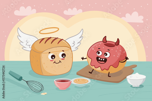Incredible Pastel Scene Angel Bread and Devil Donut - Warm and Inviting Visual Story Ideal for Brand