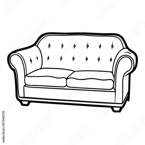 Elegant black and white tufted sofa illustration detailed outline vector