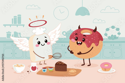 Wonderful Pastel Scene Angel Bread and Devil Donut - Calm and Tranquil Visual Story Great for Advert