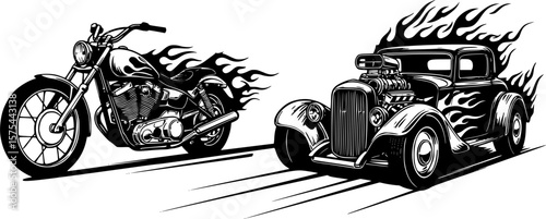 Silhouettes. Vintage hot rods and flames. Vector illustration, EPS 10 version.