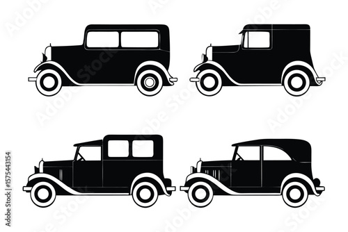Classic Vintage Cars: A stylish collection of vintage cars in a monochromatic silhouette, exuding timeless elegance and nostalgia. The various designs showcase the evolution of automotive design.