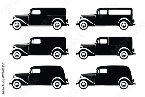 Vintage Delivery Vehicle Silhouettes: A collection of vintage delivery vehicle silhouettes, rendered in a striking monochrome, showcase classic car design.