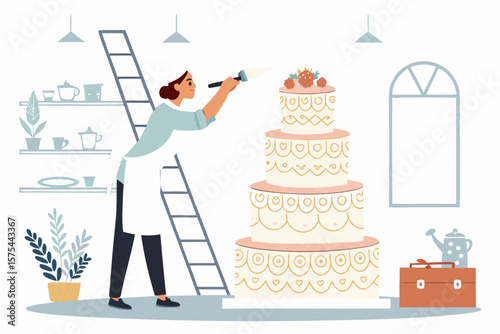 Stunning Baker Decorating Wedding Cake Whil - Warm and Inviting Visual Story Excellent for Print Med