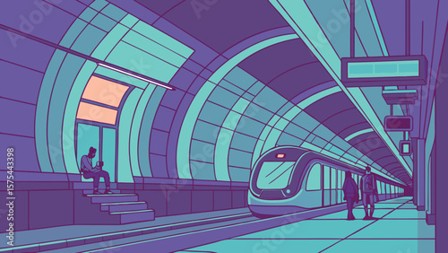 Illustration of a subway station with a train and people waiting on the platform in a futuristic style