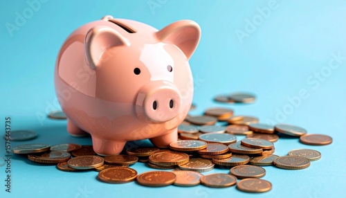 A sad piggy bank with coins scattered on a blue surface representing financial difficulties and loss of money
