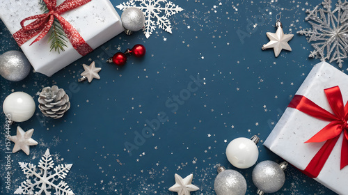 Elegant Christmas Flat Lay Background with Gift Boxes, Snowflakes, and Ornaments