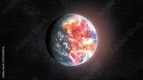 A dramatic and intense visual of planet Earth engulfed in flames, depicting a global apocalypse or planetary destruction in outer space. This concept illustrates themes of climate crisis, end of the w