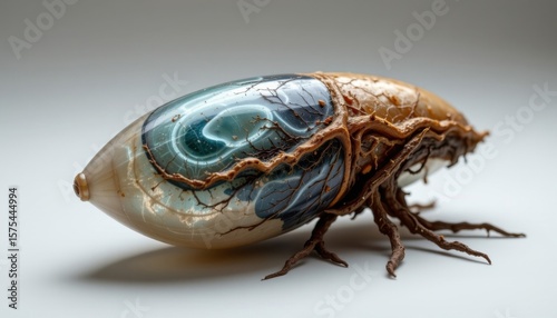 a biomorphic artifact in the form of a rooted capsule, made from translucent bio shell, that has shifting surface patterns, isolated on pure white background, ultra high resolution