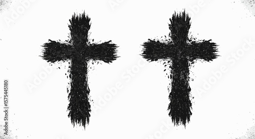 Abstract black crosses on a white background, symbols of faith and spirituality