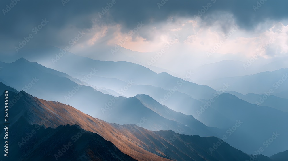 Obraz premium High mountain ridge with dramatic clouds and rays of light