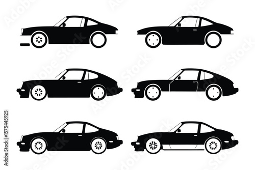 Stylish Silhouette: A collection of sleek, black classic sports cars rendered as elegant, minimalist silhouettes. The vehicles are poised for dynamic motion.