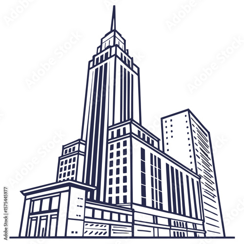 Illustration of a tall skyscraper with multiple buildings and a spire on top in black and white style