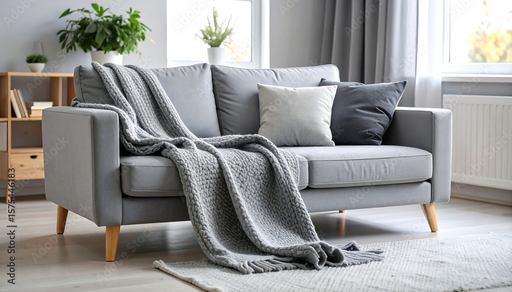 Fototapeta premium Cozy gray couch with knitted blanket
