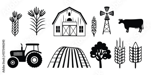Farm icons set with barn, tractor, and crops