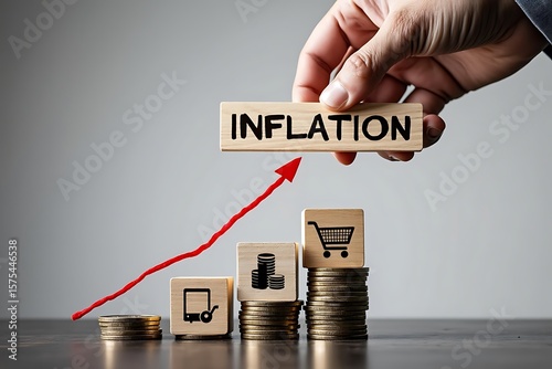 Hand holding wooden block with inflation text above rising coins and shopping cart