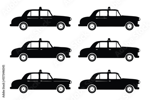 Black Taxi Silhouette Composition: A symmetrical arrangement of six sleek, black taxi silhouettes, each poised and ready for their next destination, conveying a sense of urban mobility and city life.