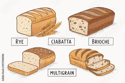 Incredible Line Drawing Various Loaves with Labels - Cool and Refreshing Visual Story Great for Edit