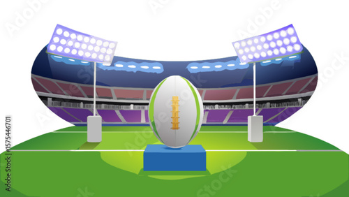 Rugby ball on stadium field with bright lights for sports championship game and competition event today