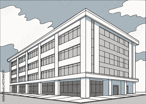 Illustration of a modern commercial building exterior with windows and architectural details design drawing 3d view