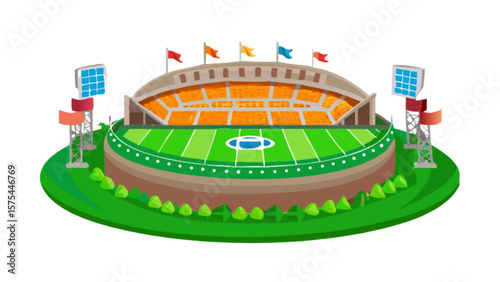 Illustration of a stadium for football game with flags and lights for sports event with seats