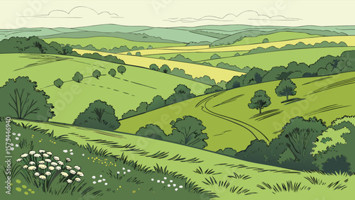 Explore scenic rolling hills landscape illustration vector art with green fields and trees in countryside view