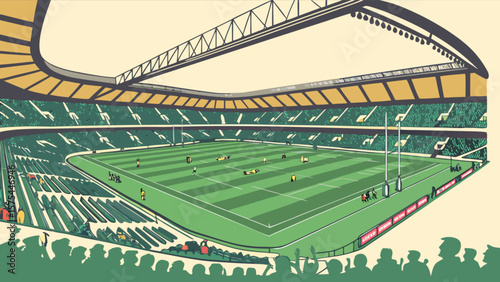 A view of a rugby football stadium with players and spectators for sports and recreation events and games