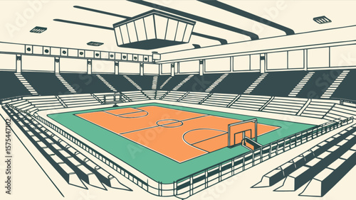 Illustration of indoor basketball court arena with seating and scoreboard for sports and events venue design