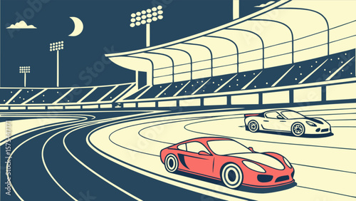 Race cars speeding on track at night illustration for car racing events and automotive themed designs and graphics