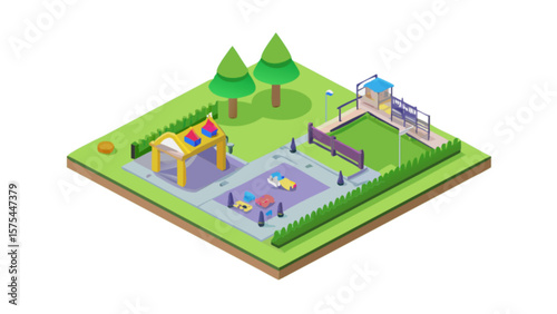Isometric playground illustration with trees, play area, and sandbox for children, park and recreation area