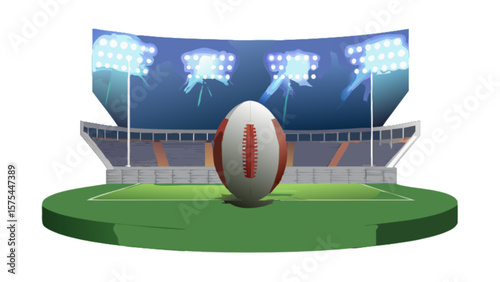 American football game at stadium with ball on green field under bright lights for sports enthusiasts