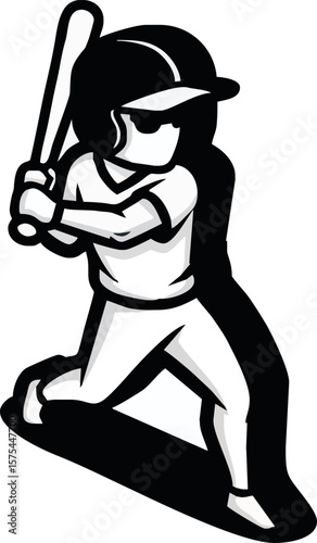 A stylized black and white illustration of a baseball player hitting a ball.