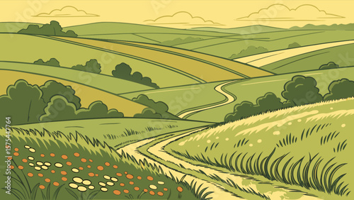 Scenic countryside landscape illustration with rolling hills winding path and meadow artwork vector design