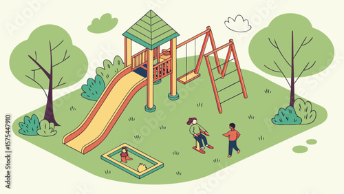 Playground equipment for kids children park outdoor recreation area with slide swings and sandbox fun time 100
