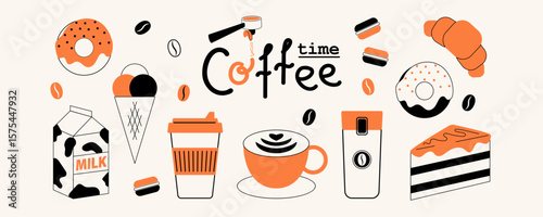 Illustration and icons of coffee cup, travel mug, croissant, cake, milk. Coffee lettering design for menu, kitchen, cafe, poster. Vector minimalist art.