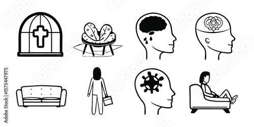 Mega Set of Psychotherapy Types Line Icons on transparent background